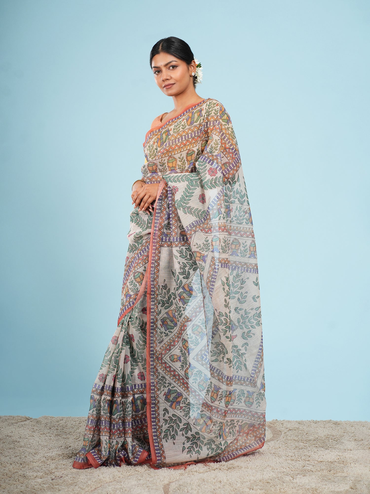Iraja Madhubani Tussar Saree-Rust