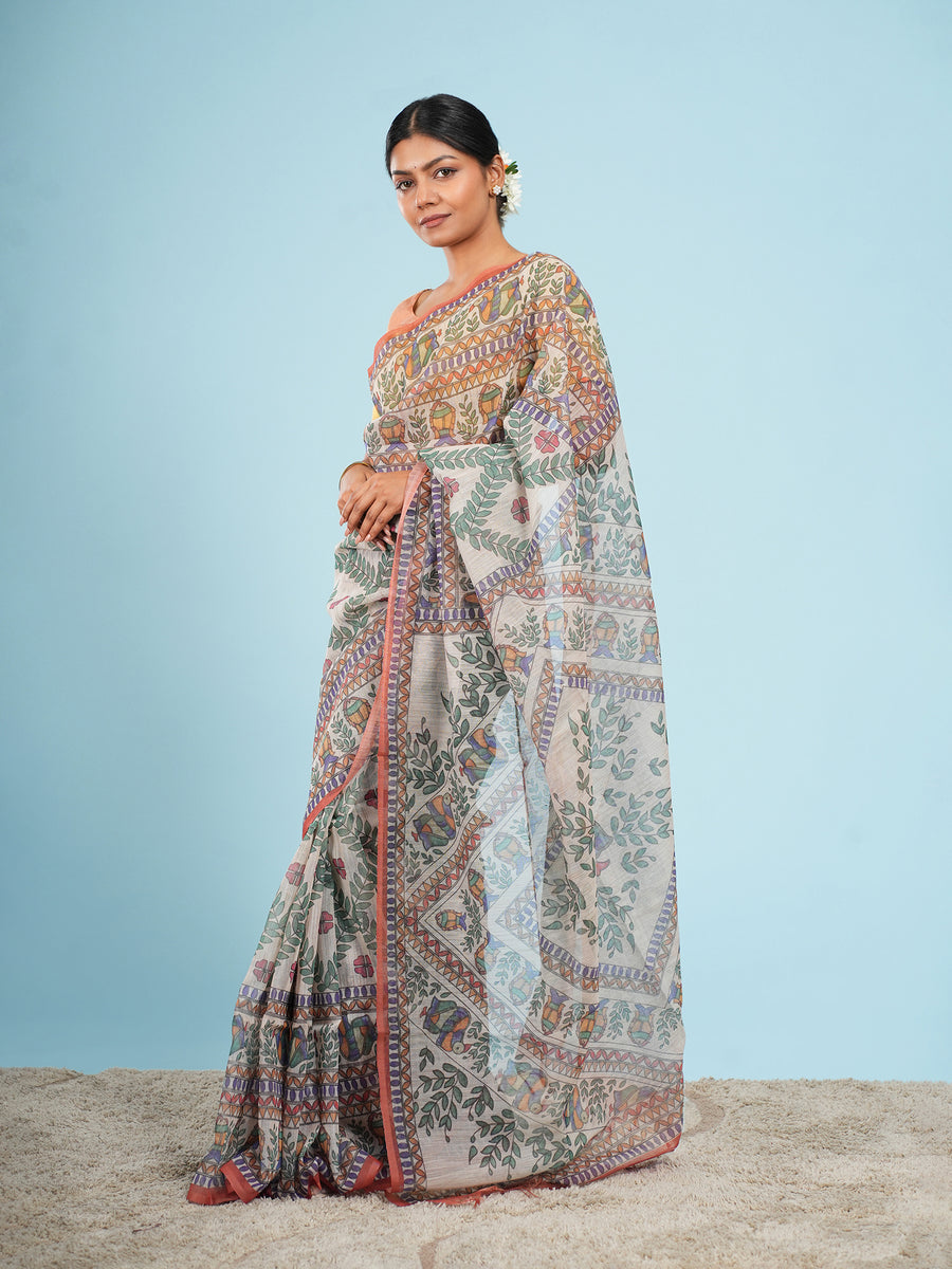 Rust Tussar silk Madhubani-print saree, drape and fall – Koshnika