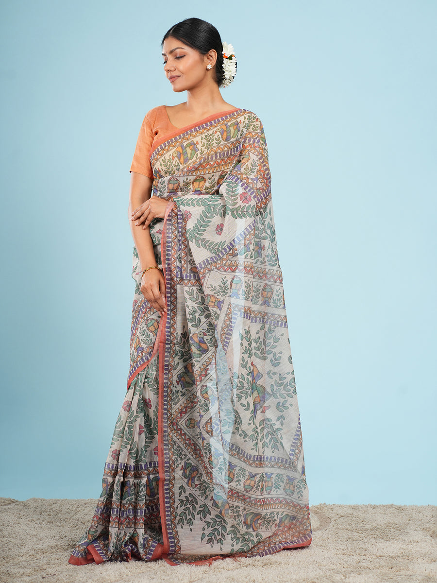 Rust Tussar silk Madhubani-print saree, Madhubani motif close-up – Koshnika