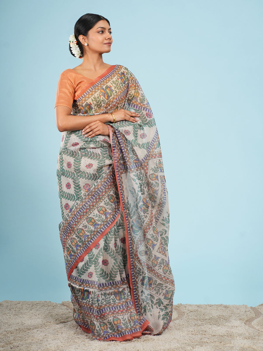 Rust Tussar silk Madhubani-print saree, full-length drape – Koshnika