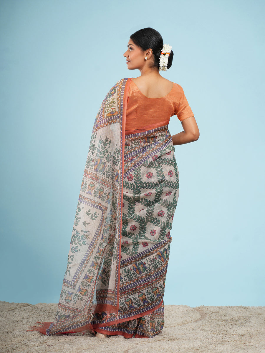 Rust Tussar silk Madhubani-print saree, pallu detail – Koshnika