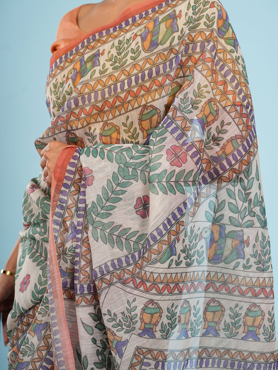 Rust Tussar silk Madhubani-print saree, styled view – Koshnika