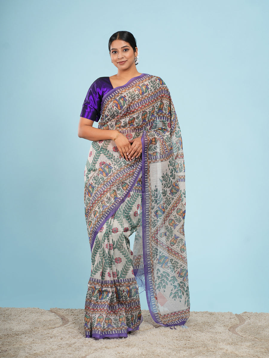 Natural Tussar silk Madhubani-print saree, multicolour border – Koshnika