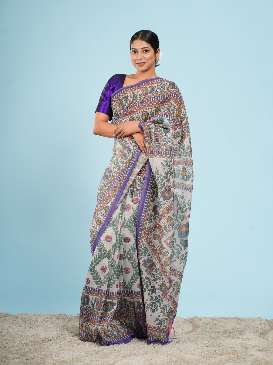 Natural Tussar silk Madhubani-print saree, multicolour border detail – Koshnika