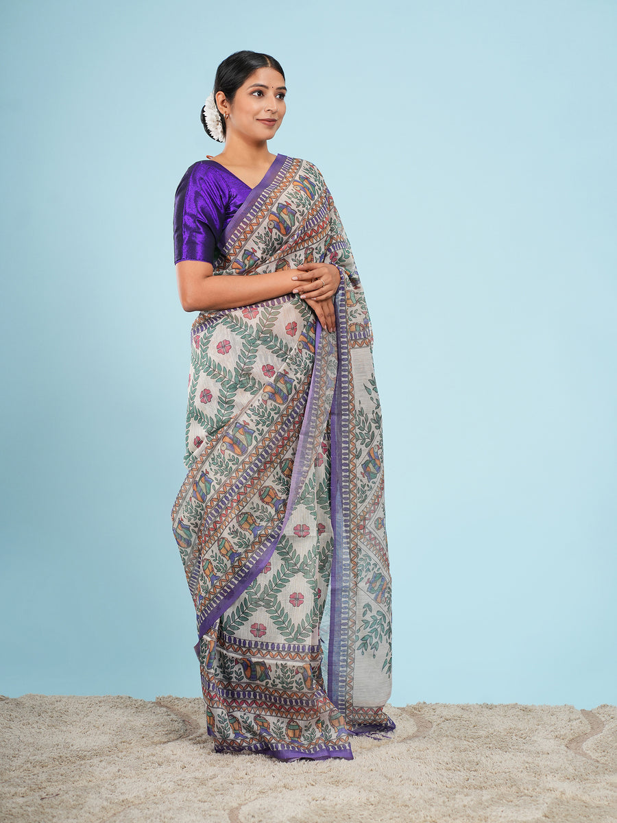 Natural Tussar silk Madhubani-print saree, drape and fall – Koshnika