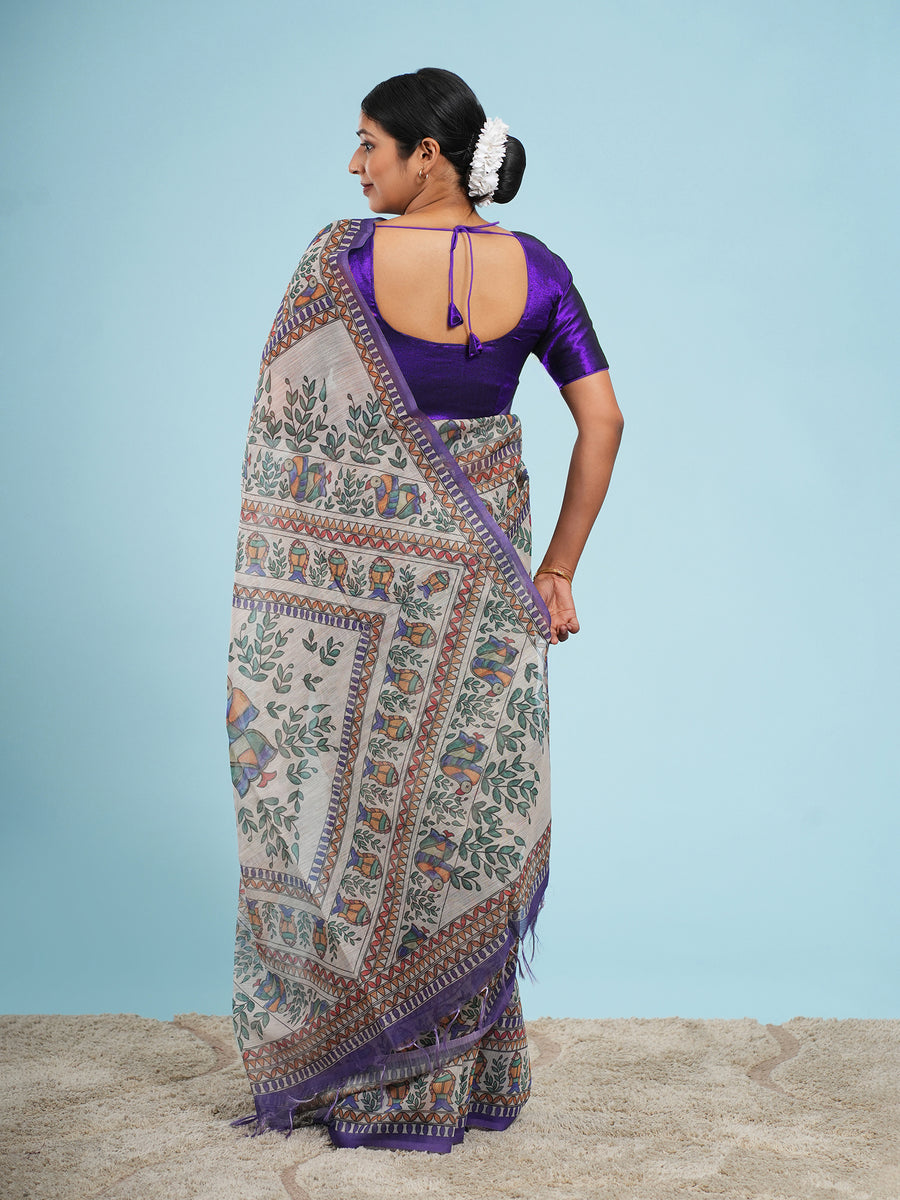 Natural Tussar silk Madhubani-print saree, Madhubani motif close-up – Koshnika