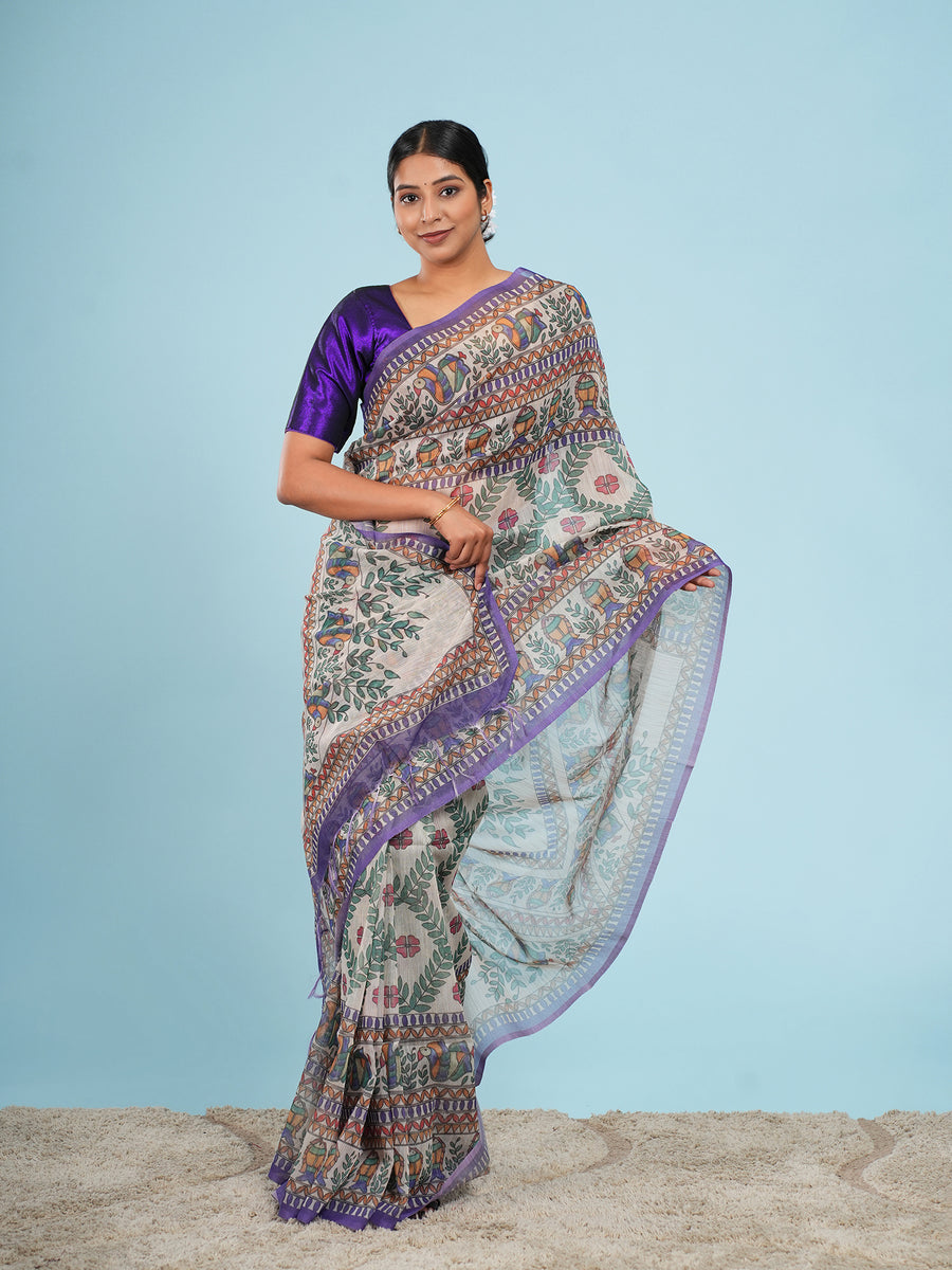 Natural Tussar silk Madhubani-print saree, full-length drape – Koshnika