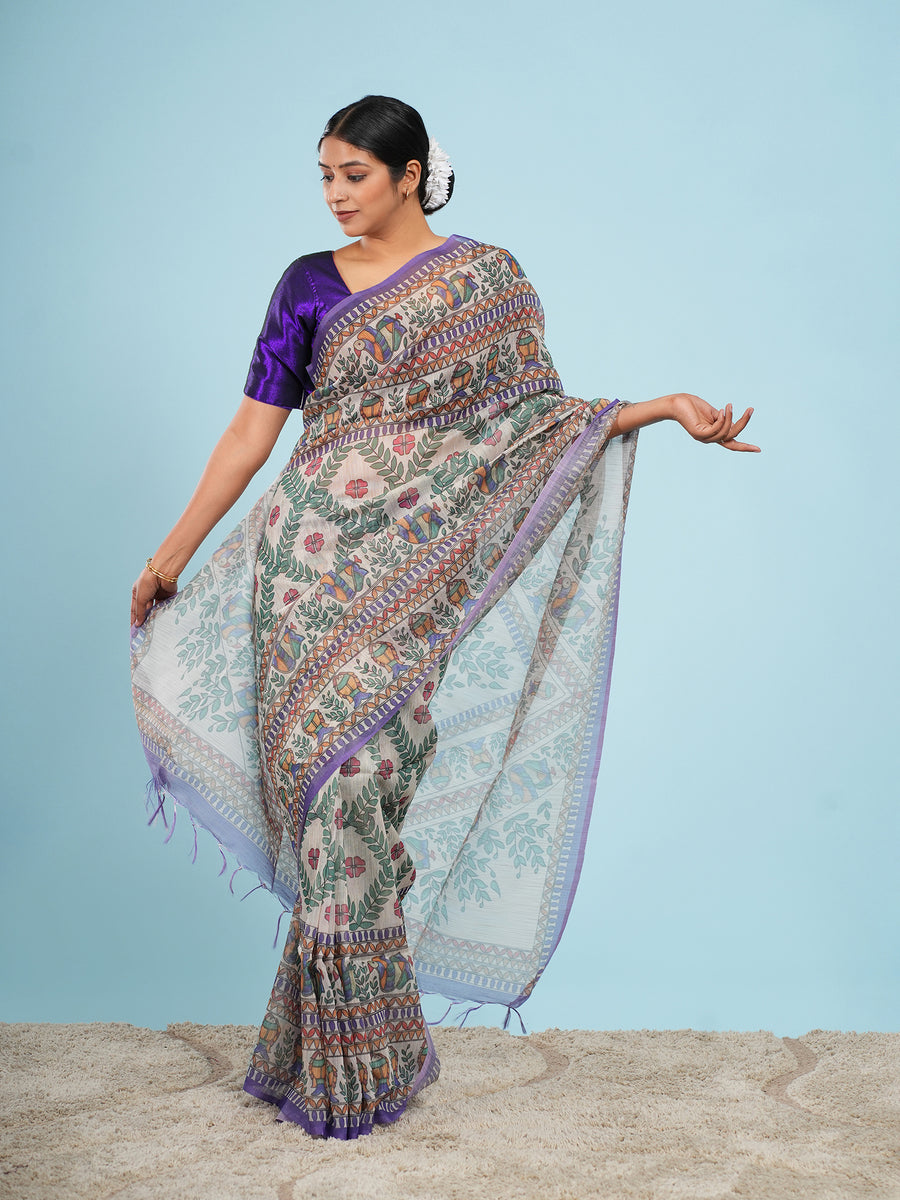 Natural Tussar silk Madhubani-print saree, pallu detail – Koshnika