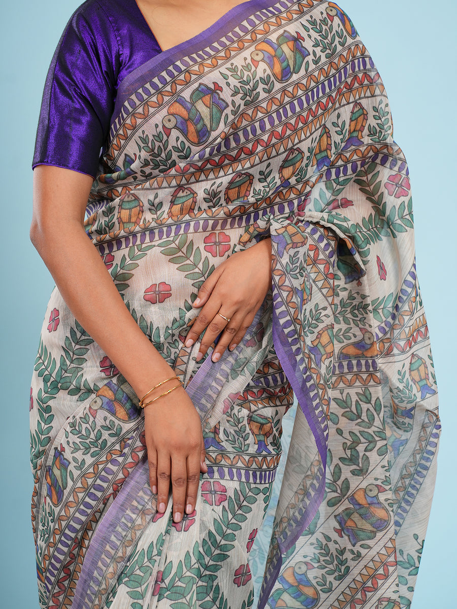 Natural Tussar silk Madhubani-print saree, fabric texture close-up – Koshnika