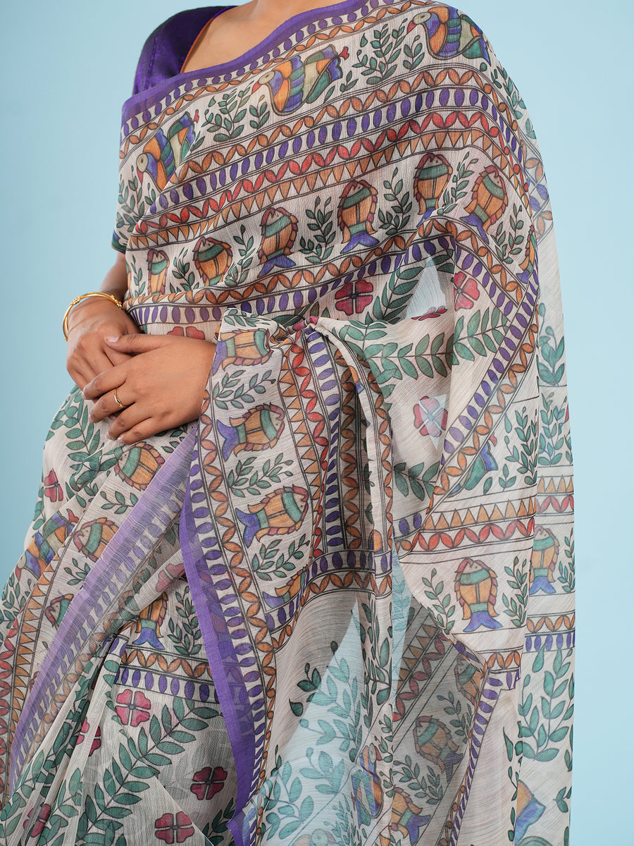 Natural Tussar silk Madhubani-print saree, styled view – Koshnika