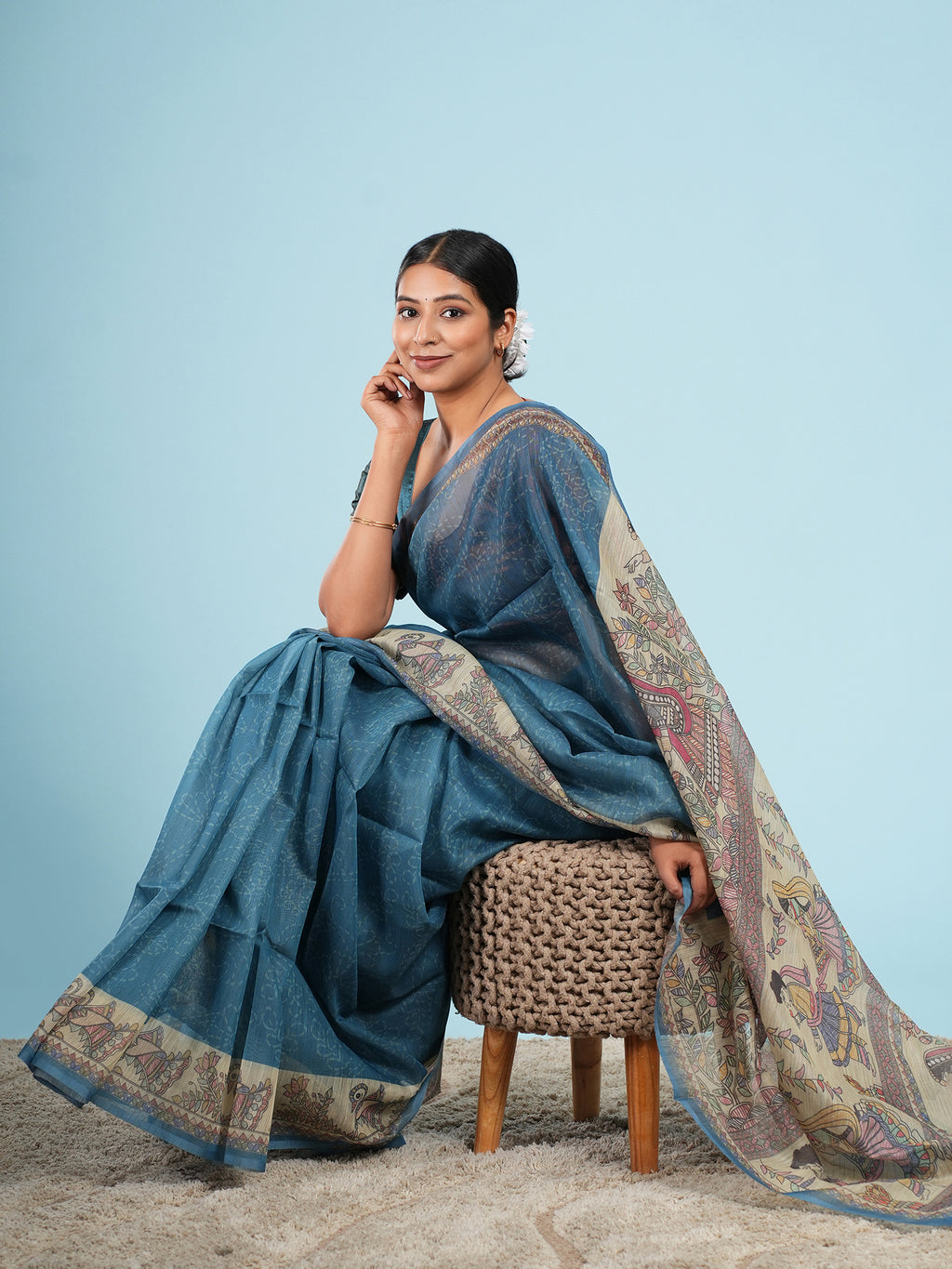 Nirjara Madhubani print on Tussar-Teal blue
