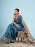Nirjara Madhubani print on Tussar-Teal blue