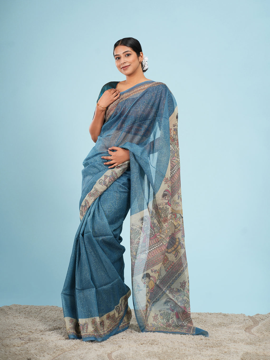Nirjara Madhubani print on Tussar-Teal blue