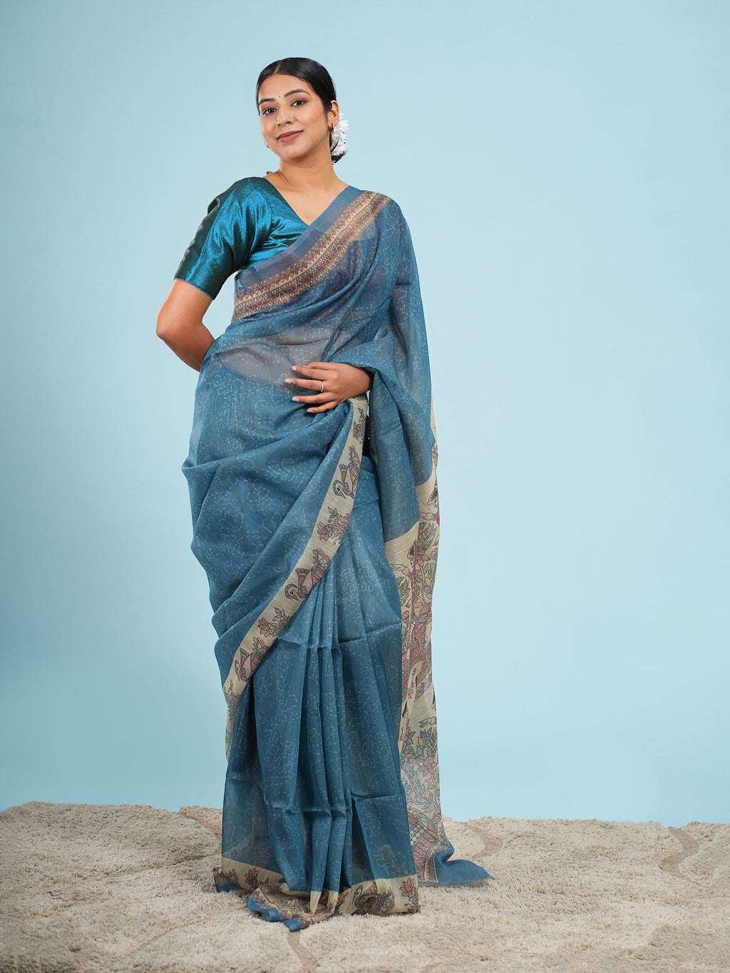 Nirjara Madhubani print on Tussar-Teal blue