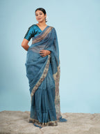 Nirjara Madhubani print on Tussar-Teal blue