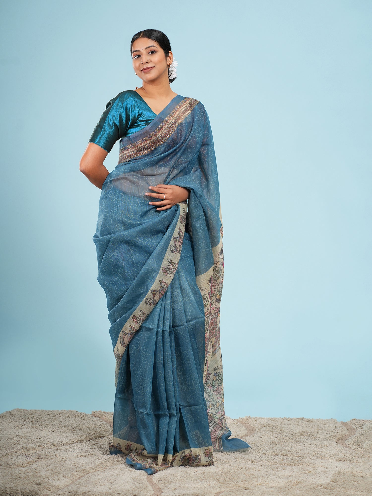 Nirjara Madhubani print on Tussar-Teal blue
