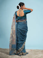 Nirjara Madhubani print on Tussar-Teal blue