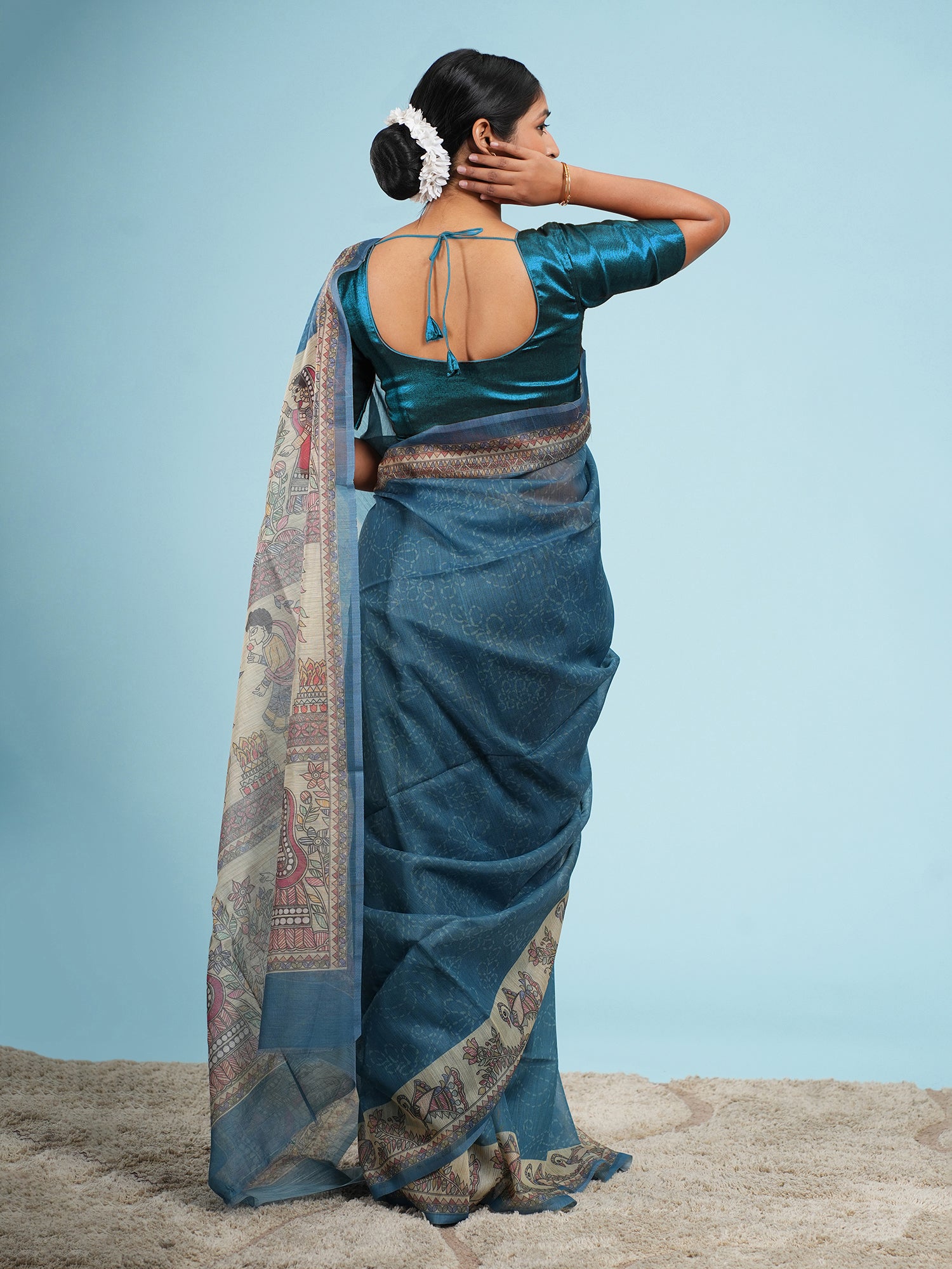 Nirjara Madhubani print on Tussar-Teal blue