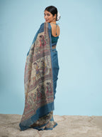 Nirjara Madhubani print on Tussar-Teal blue