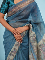 Nirjara Madhubani print on Tussar-Teal blue