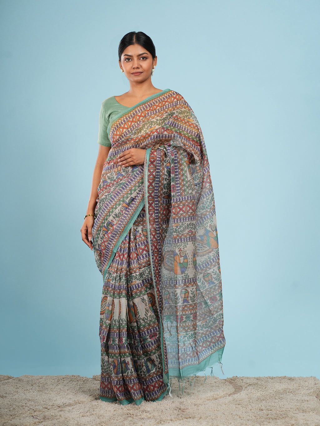 Katha Tussar Madhubani Print Saree Ivory