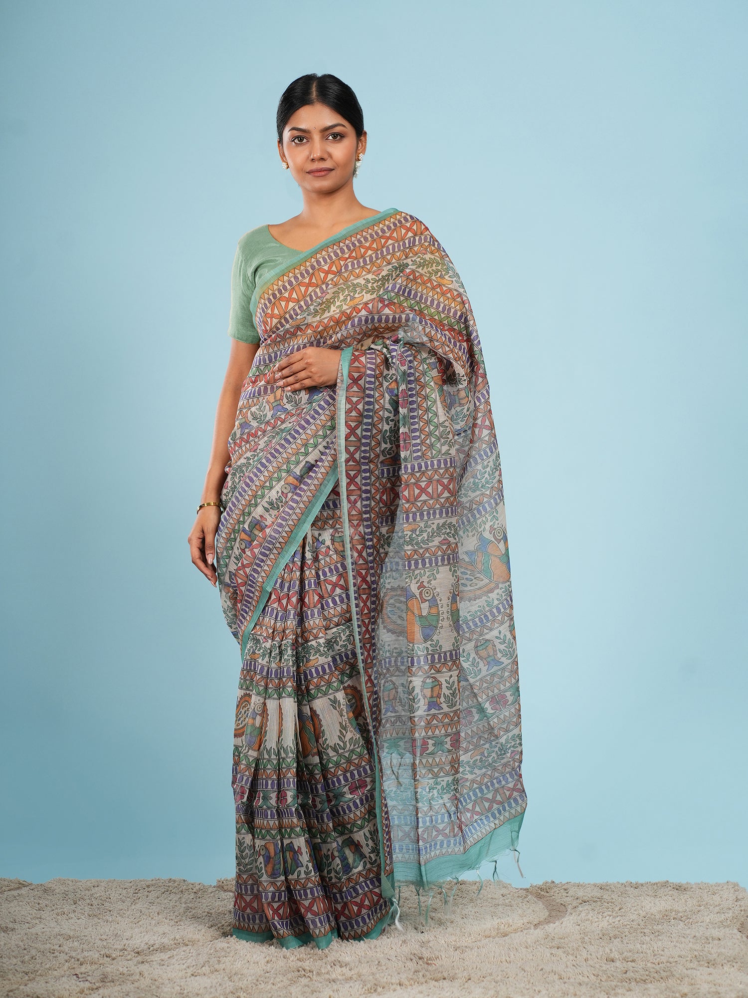 Katha Tussar Madhubani Print Saree Ivory