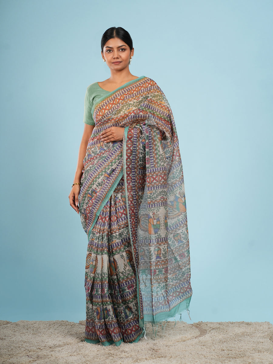 Ivory Tussar silk narrative Madhubani-print saree – Koshnika