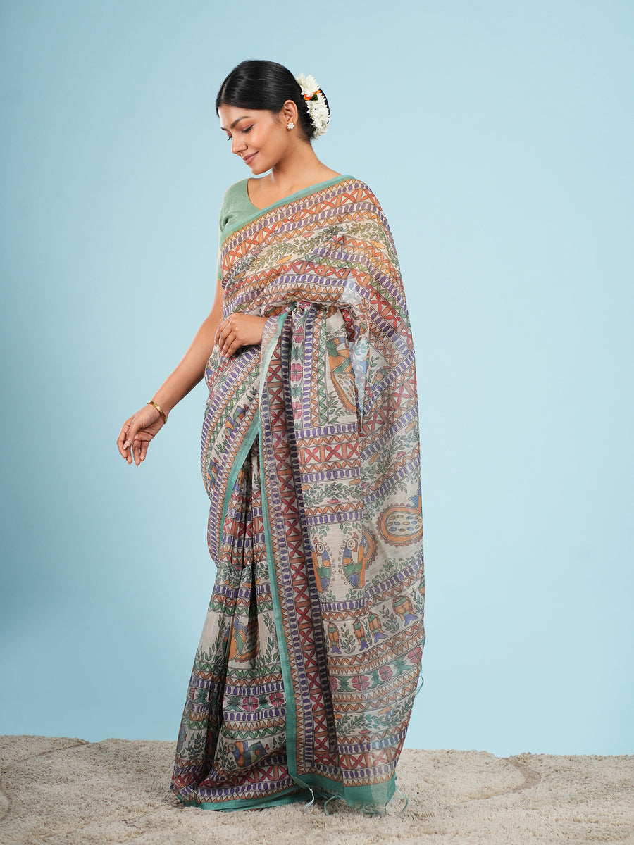 Ivory Tussar silk narrative Madhubani-print saree, border detail – Koshnika