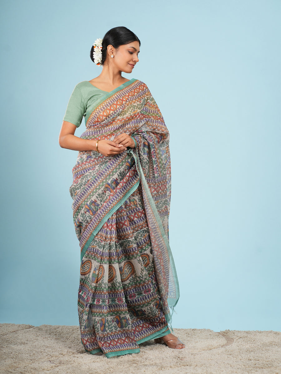 Ivory Tussar silk narrative Madhubani-print saree, drape and fall – Koshnika