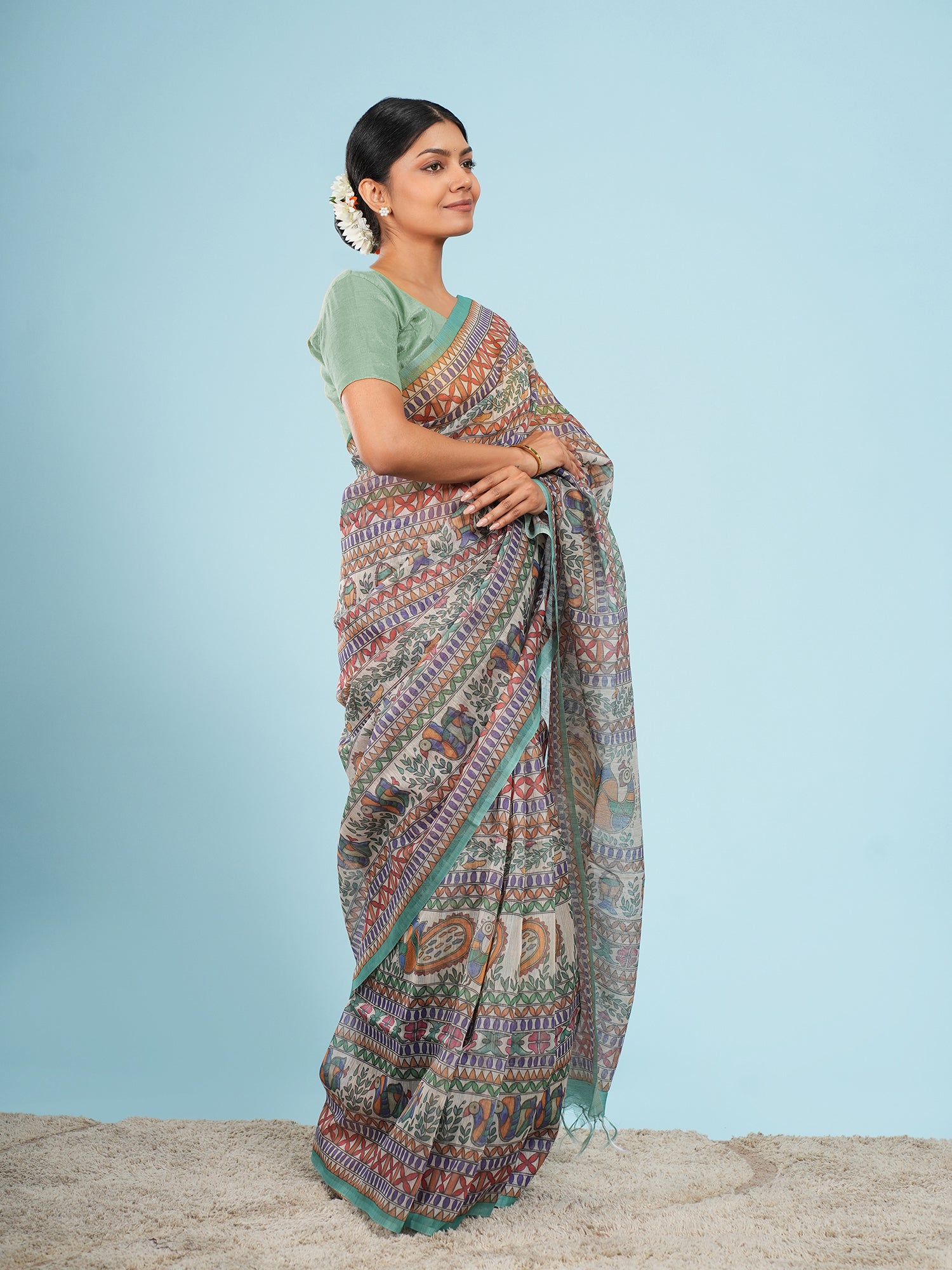 Katha Tussar Madhubani Print Saree Ivory