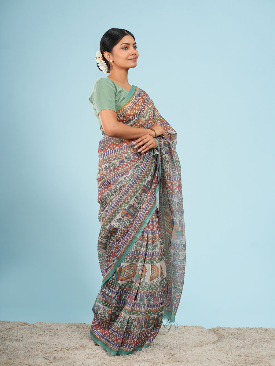 Ivory Tussar silk narrative Madhubani-print saree, figure and animal motif close-up – Koshnika
