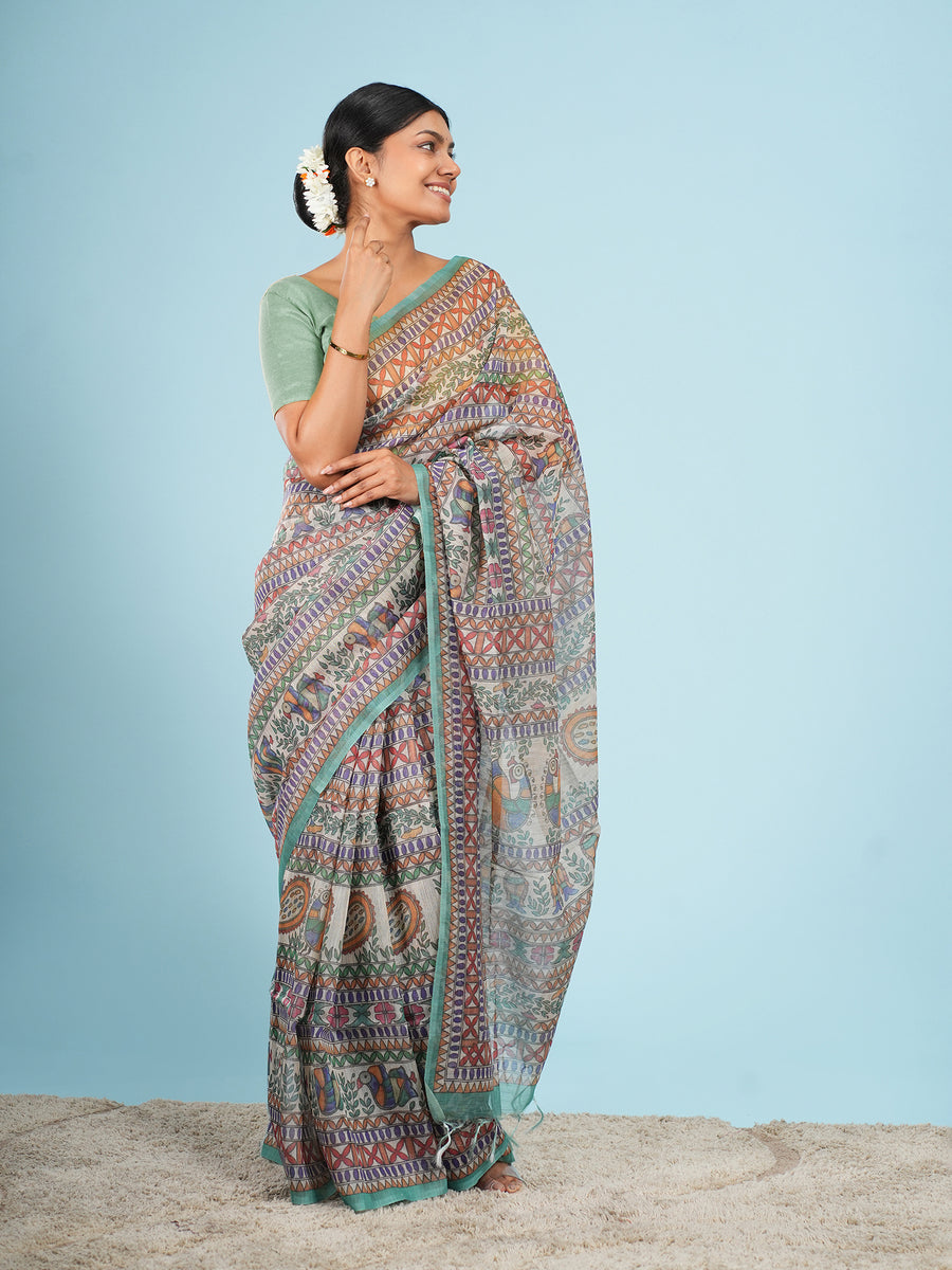 Ivory Tussar silk narrative Madhubani-print saree, full-length drape – Koshnika