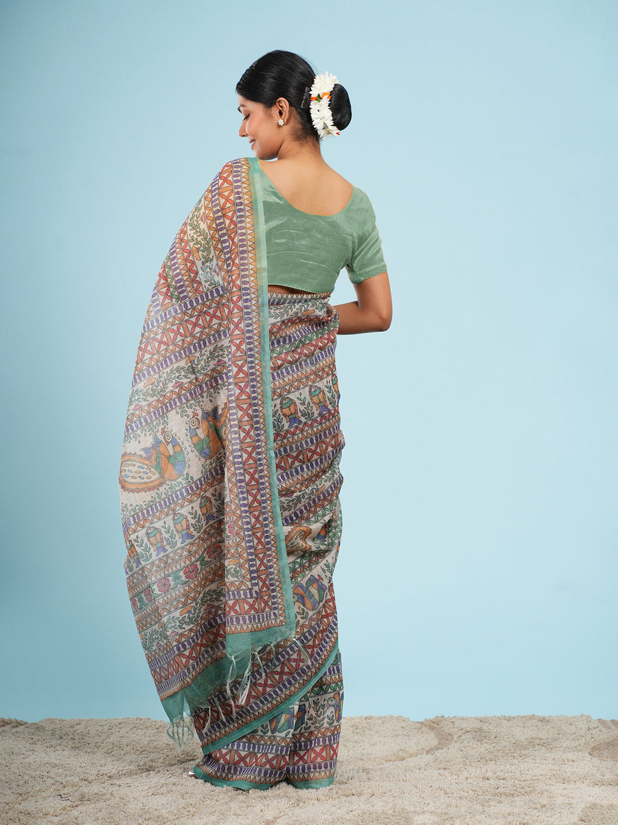 Ivory Tussar silk narrative Madhubani-print saree, pallu detail – Koshnika