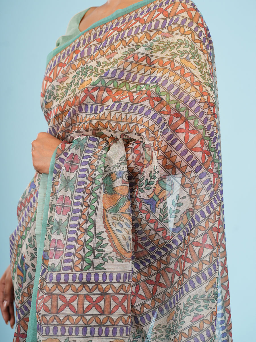 Ivory Tussar silk narrative Madhubani-print saree, styled view – Koshnika