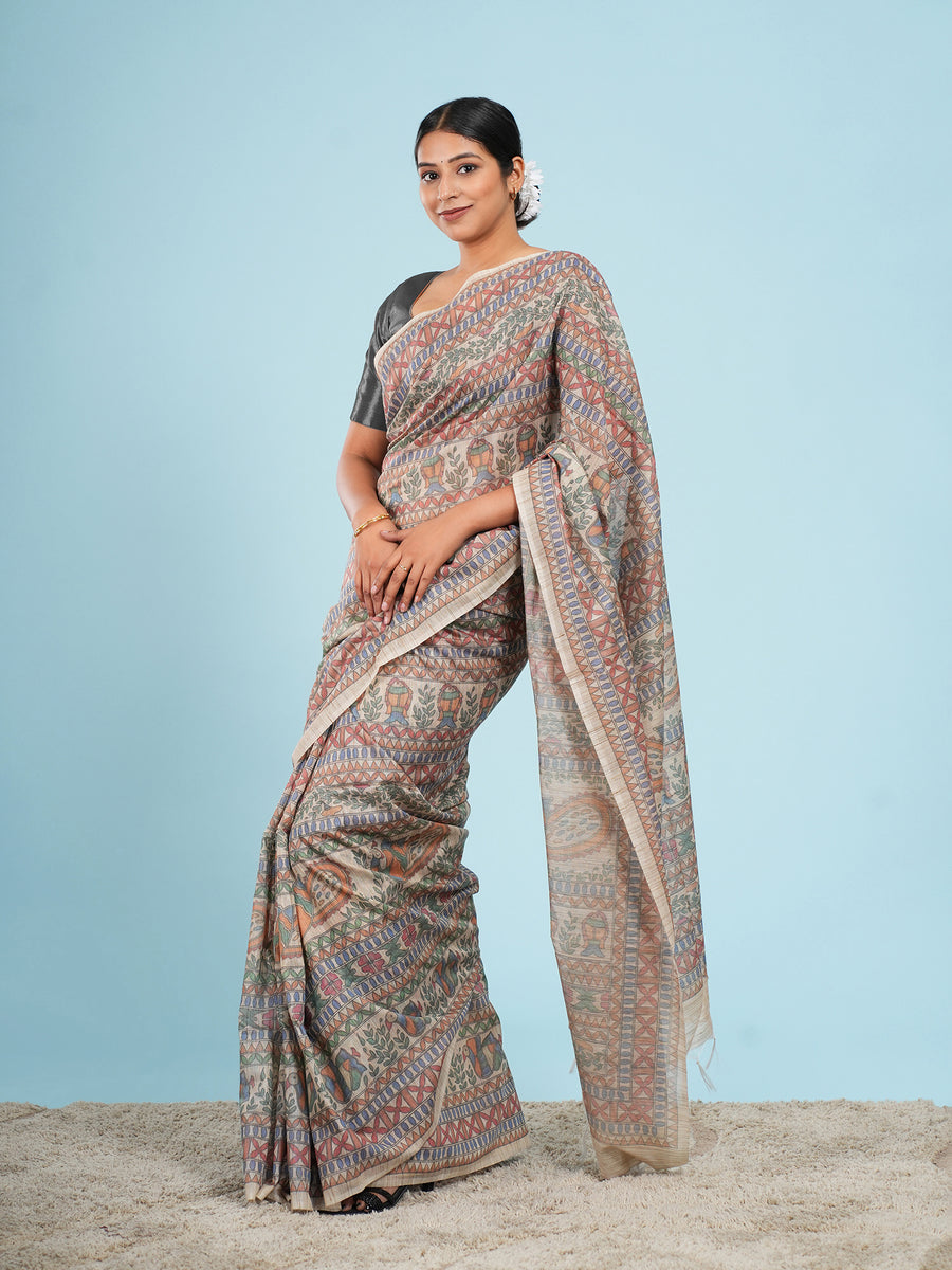 Cream Tussar silk Madhubani-print saree – Koshnika