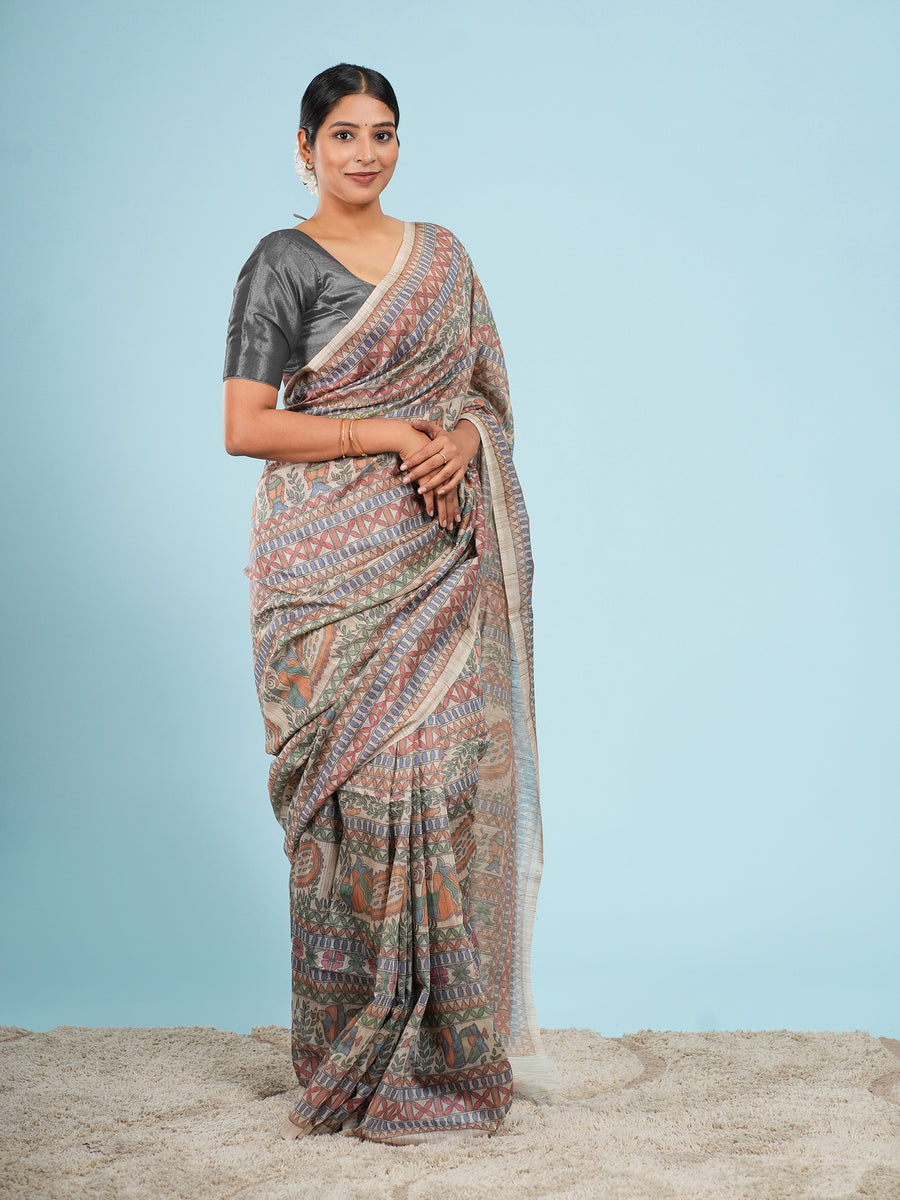 Cream Tussar silk Madhubani-print saree, border detail – Koshnika