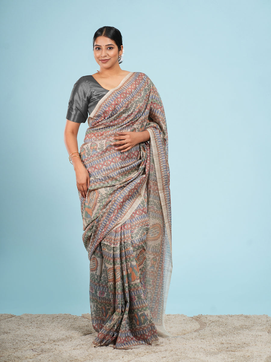 Cream Tussar silk Madhubani-print saree, drape and fall – Koshnika