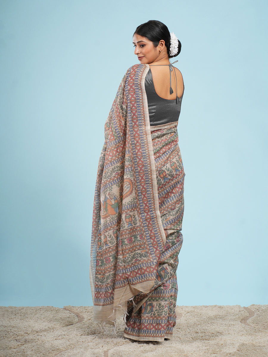 Cream Tussar silk Madhubani-print saree, Madhubani band close-up – Koshnika
