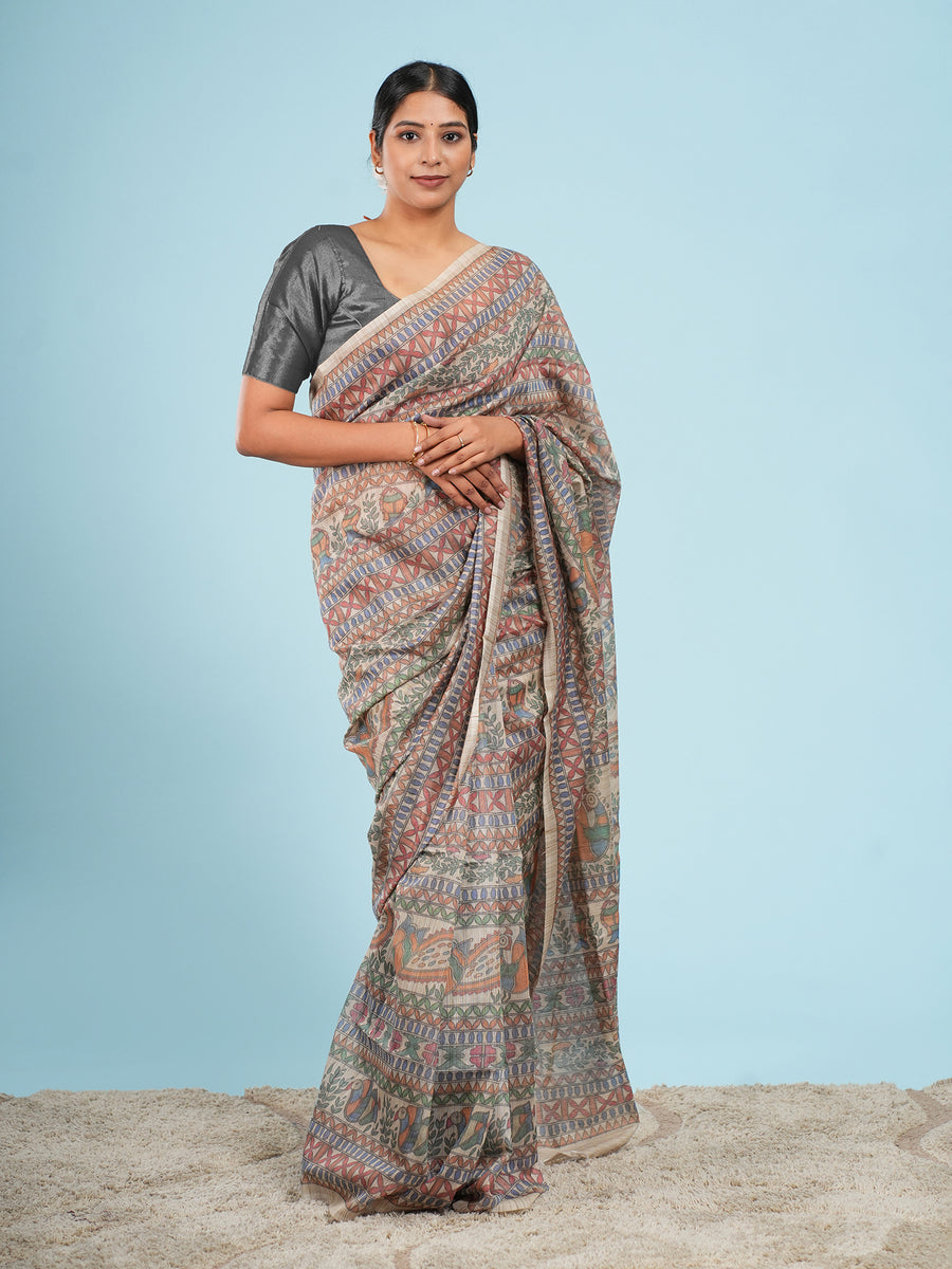 Cream Tussar silk Madhubani-print saree, pallu detail – Koshnika
