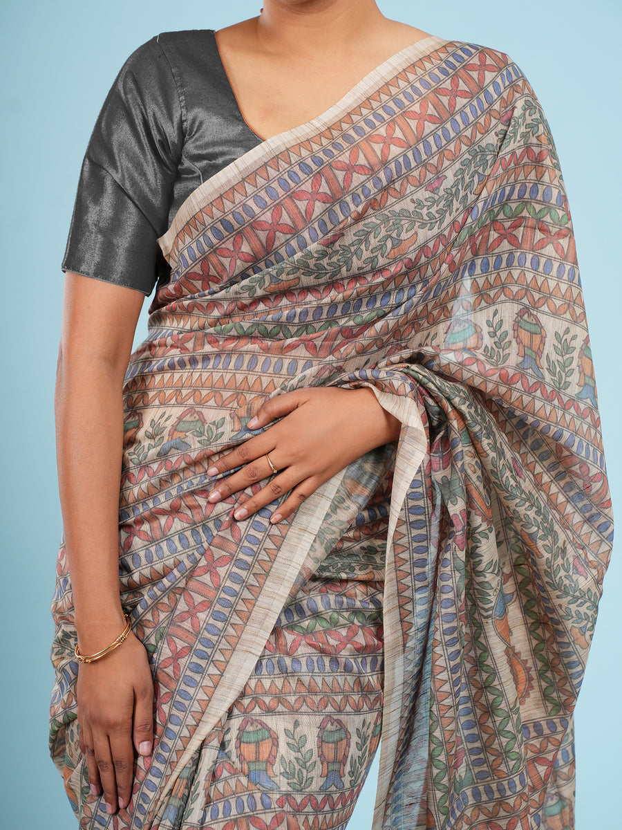 Cream Tussar silk Madhubani-print saree, fabric texture close-up – Koshnika