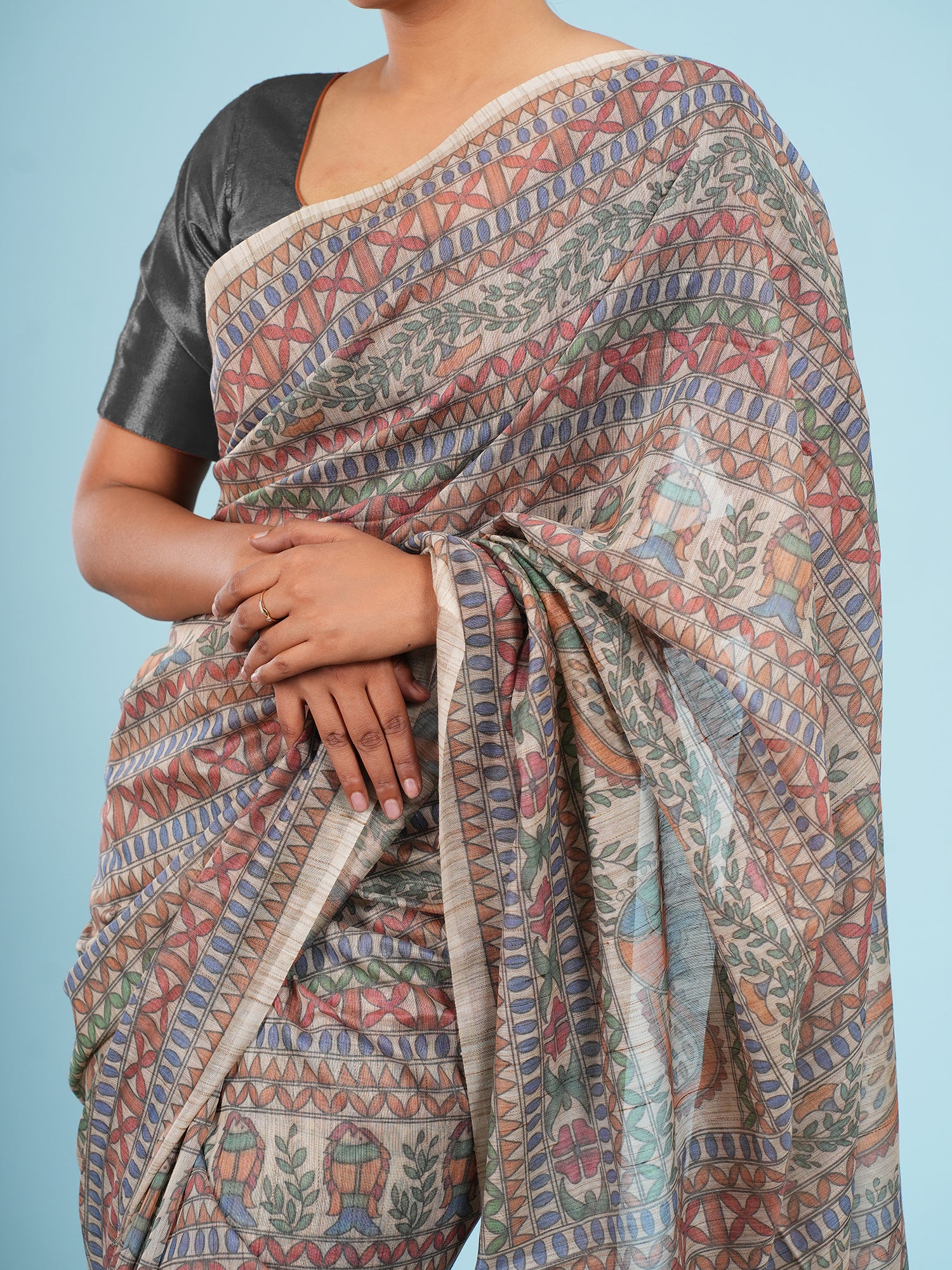 Mati Tussar Madhubani Print Saree Cream