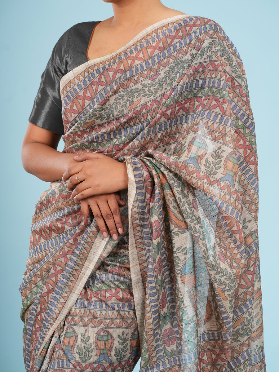 Cream Tussar silk Madhubani-print saree, styled view – Koshnika