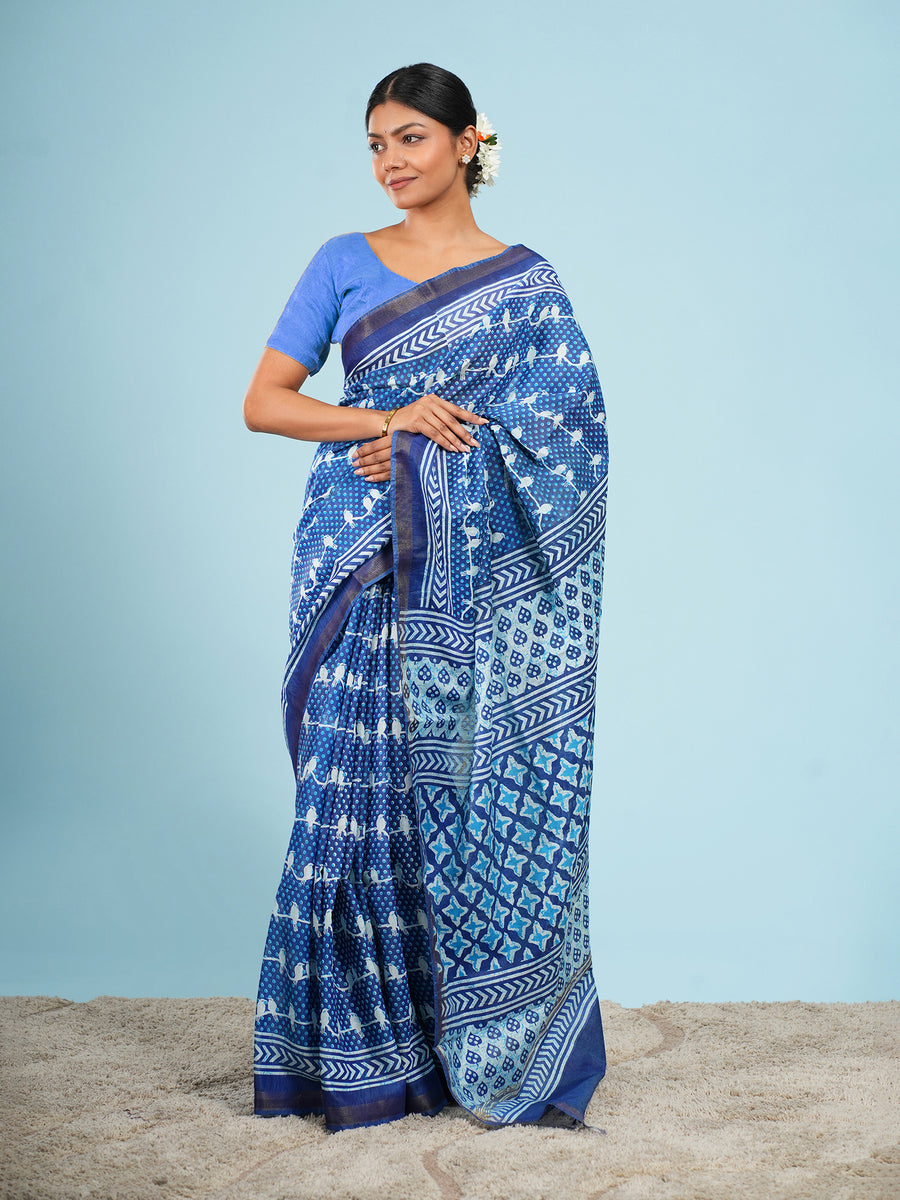 Blue Vegan Silk bird-motif print saree – Koshnika