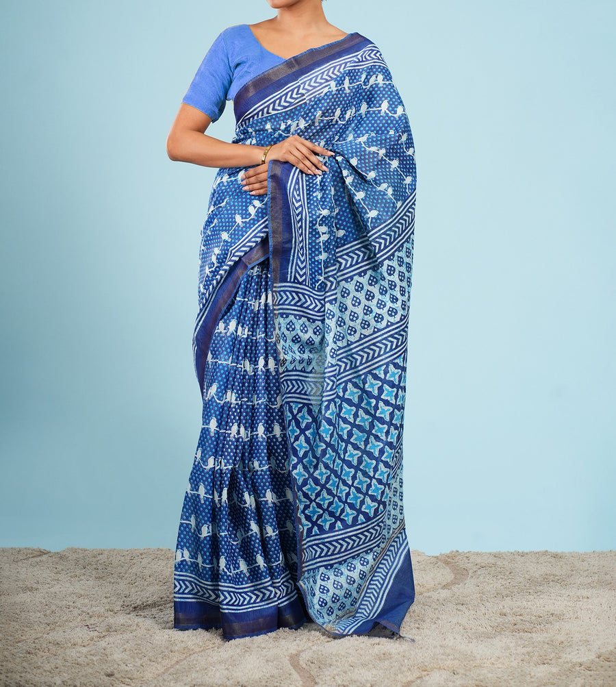Blue Vegan Silk bird-motif print saree, border detail – Koshnika