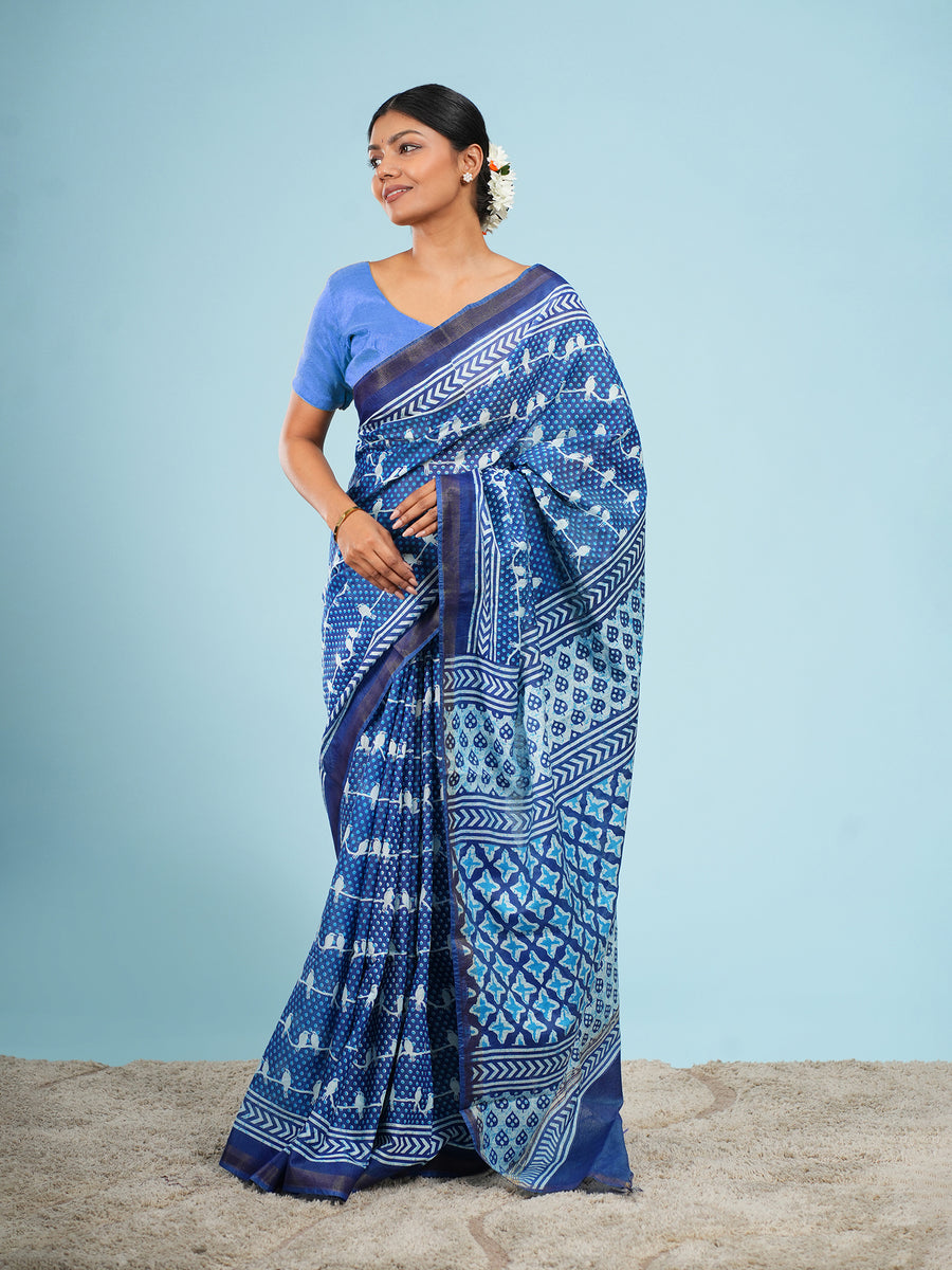 Blue Vegan Silk bird-motif print saree, drape and fall – Koshnika