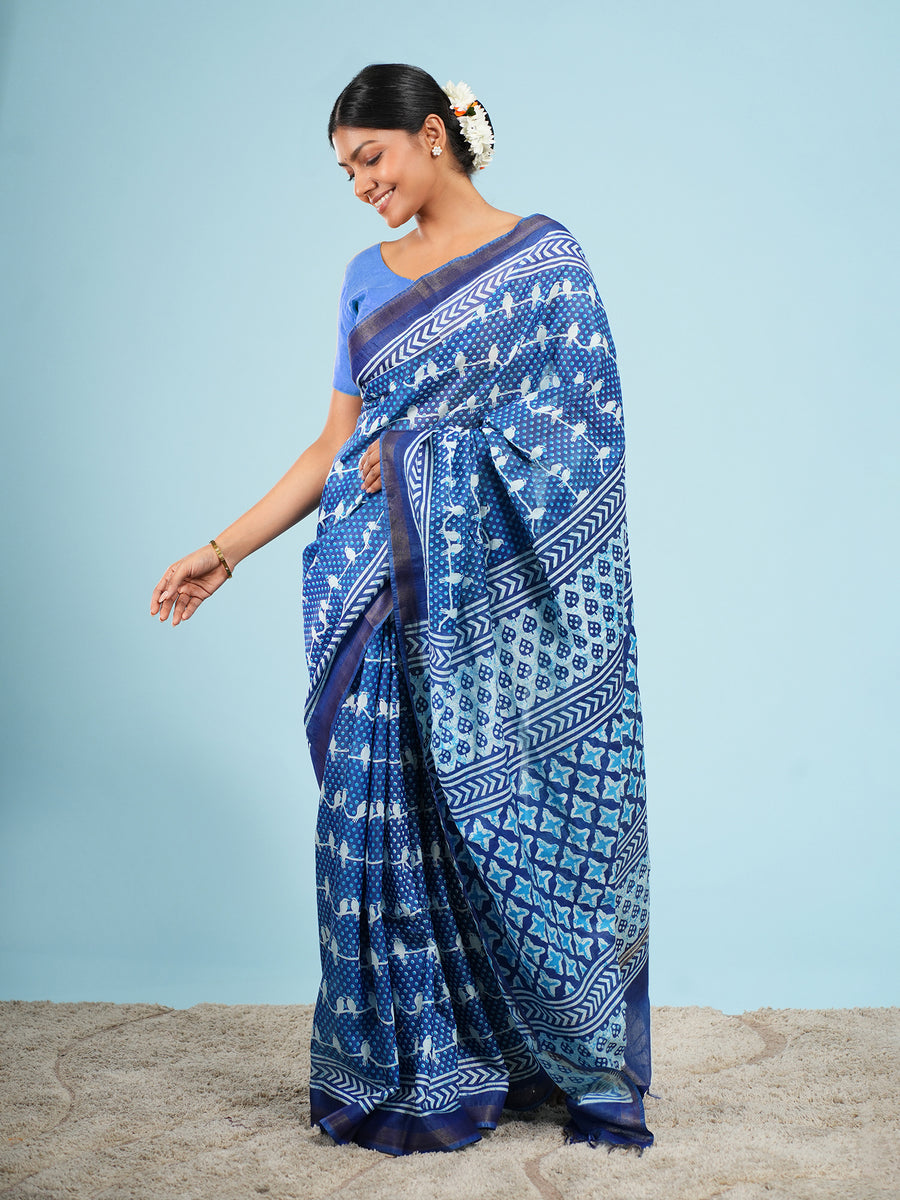 Blue Vegan Silk bird-motif print saree, bird motif close-up – Koshnika