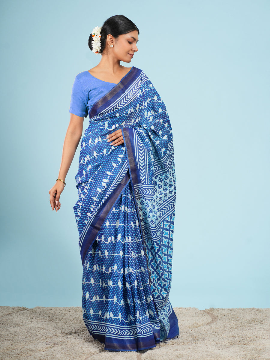 Blue Vegan Silk bird-motif print saree, full-length drape – Koshnika