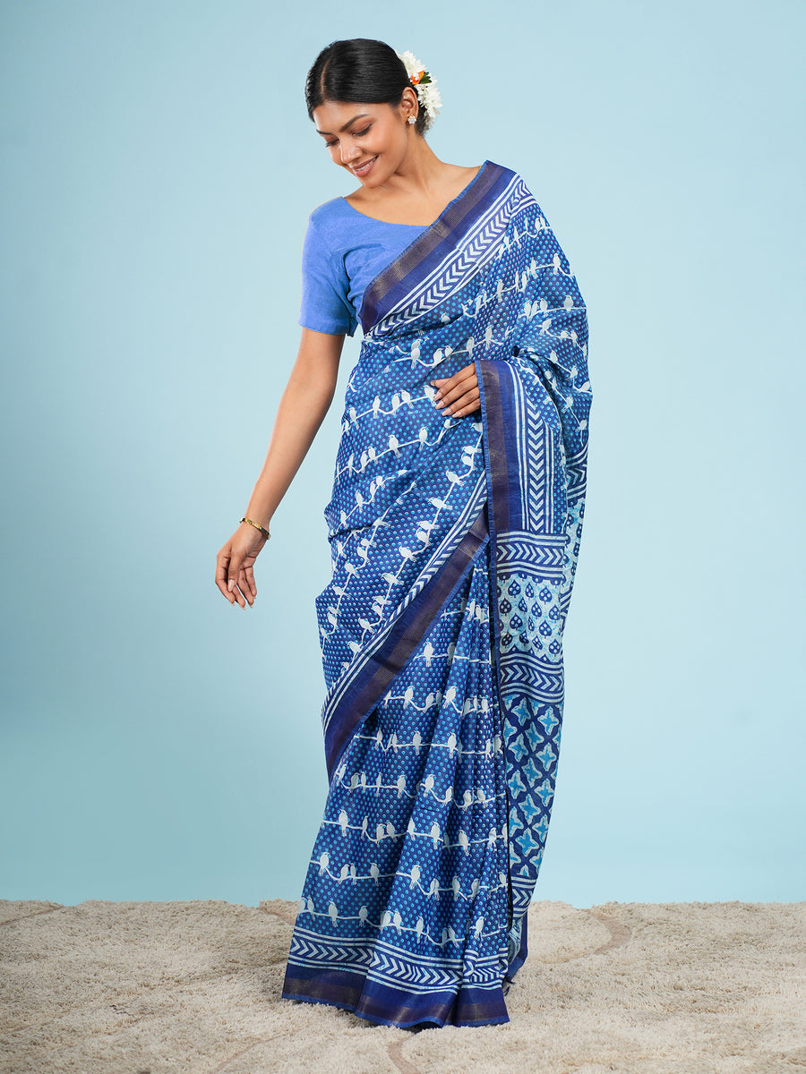 Blue Vegan Silk bird-motif print saree, pallu detail – Koshnika