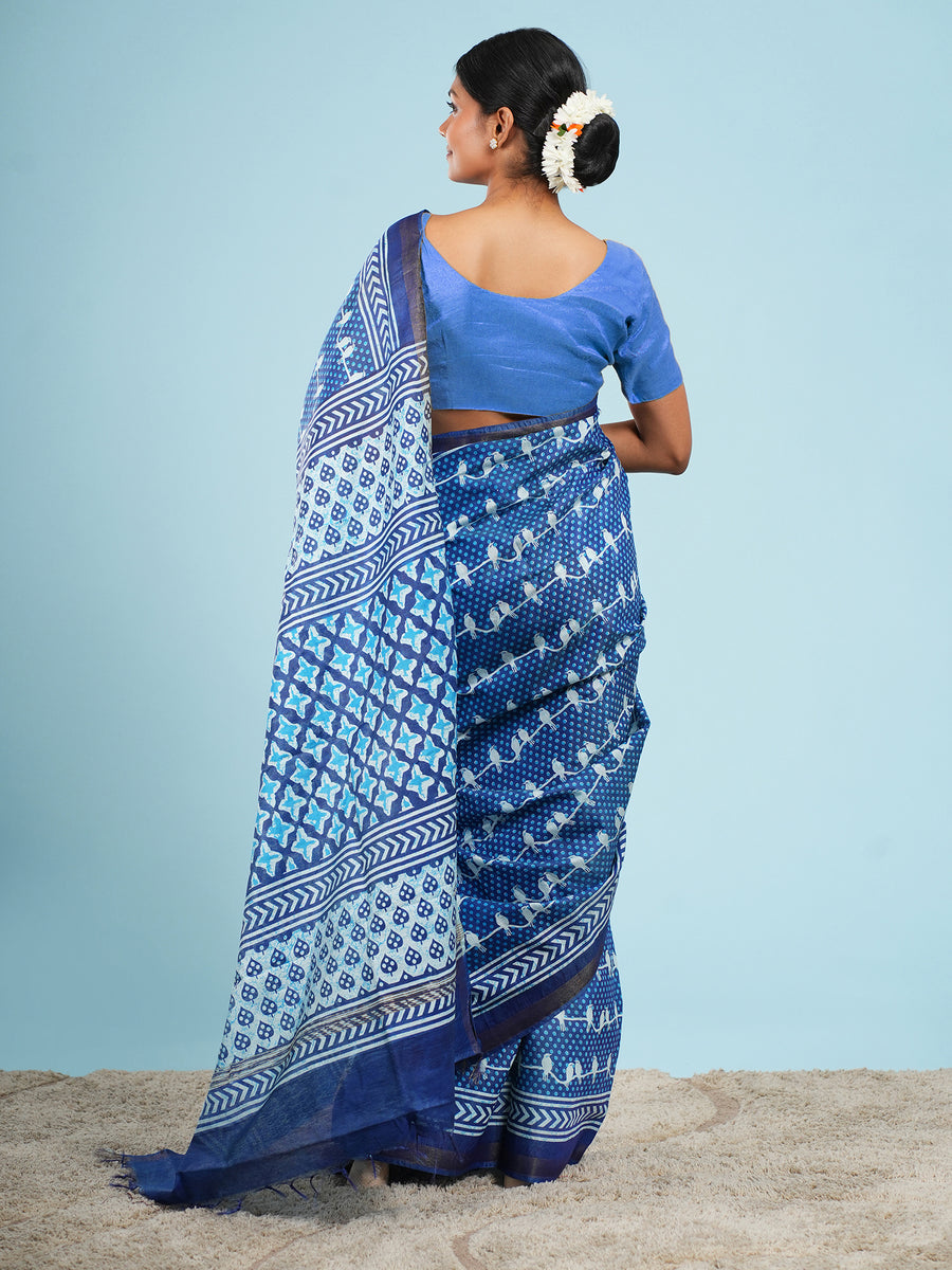 Blue Vegan Silk bird-motif print saree, viscose fabric texture close-up – Koshnika