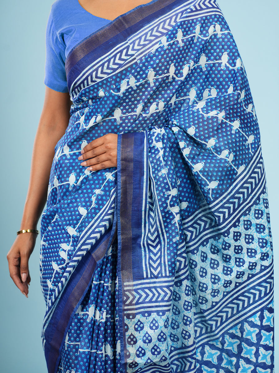 Blue Vegan Silk bird-motif print saree, styled view – Koshnika